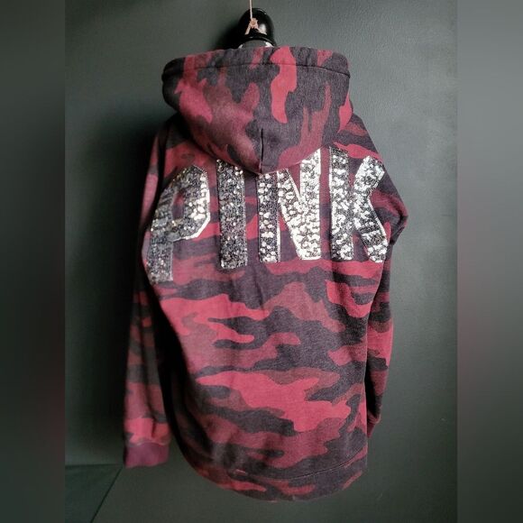 PINK Victoria’s Secret Camouflage Bling Hoodie Burgundy Black Sherpa Sz L 2018 - Picture 1 of 11